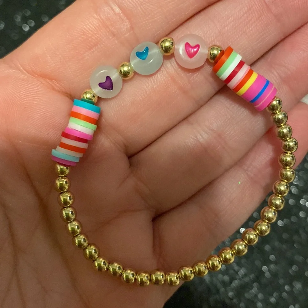 Girls faux gold beaded stretch multi glow in the dark bracelet